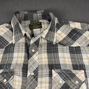 Rustler by Wrangler Mens 2XL Western Pearl Snap Shirt Plaid Black Tan Silver